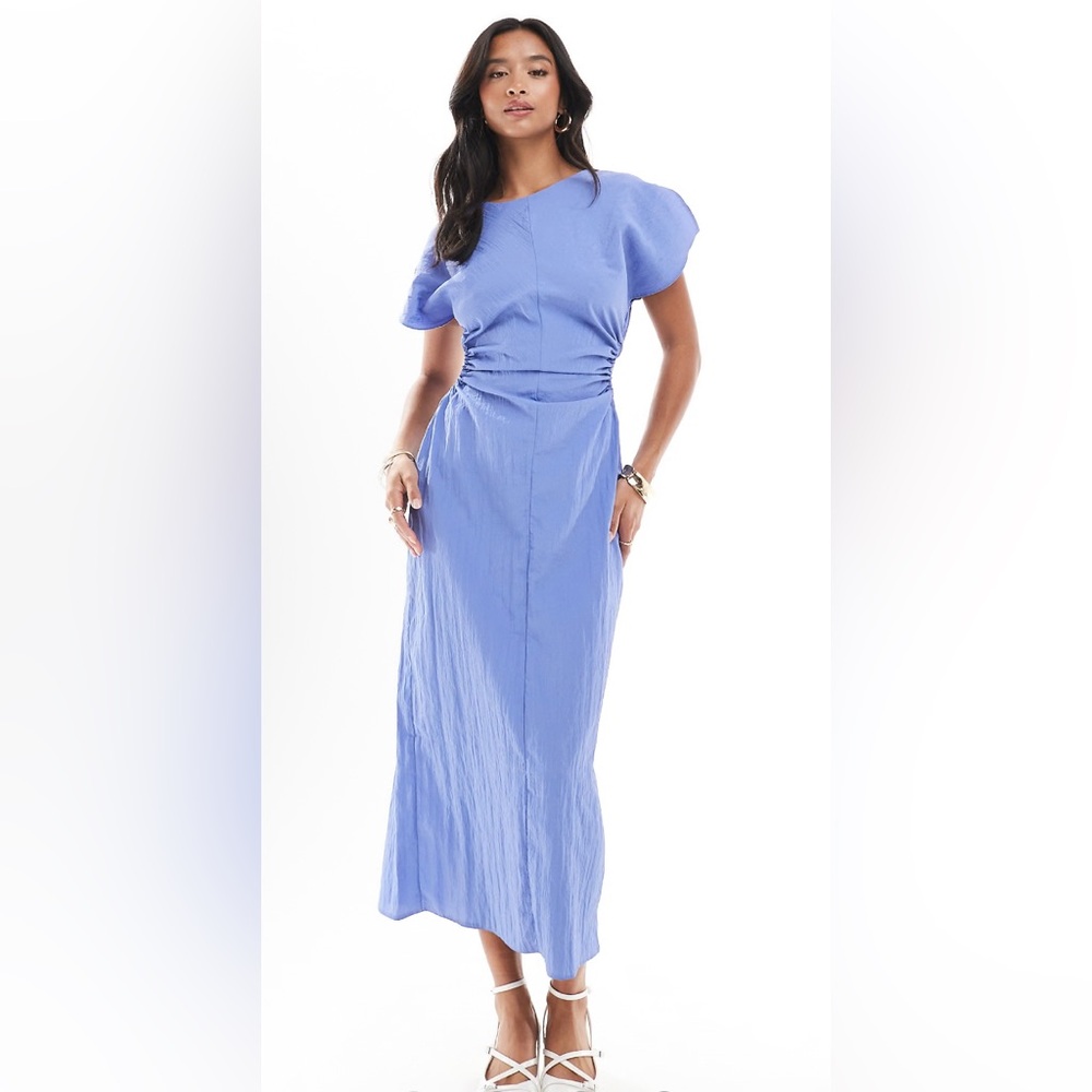 ASOS Petite Blue Ruched Midi Sundress with Flutter Sleeves